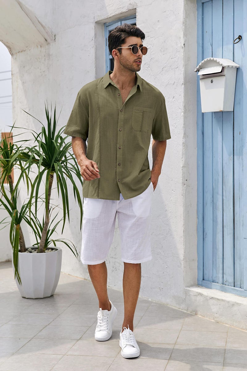 Ryannology Mens Beach Linen Shirts Short Sleeve Cuban Button Down Casual Summer T Shirt Guayabera Hawaiian Tee Loose Fit Tops A Army Green - Image 5